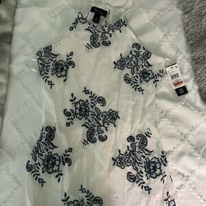 BCX white halter dress with navy blue embroidery